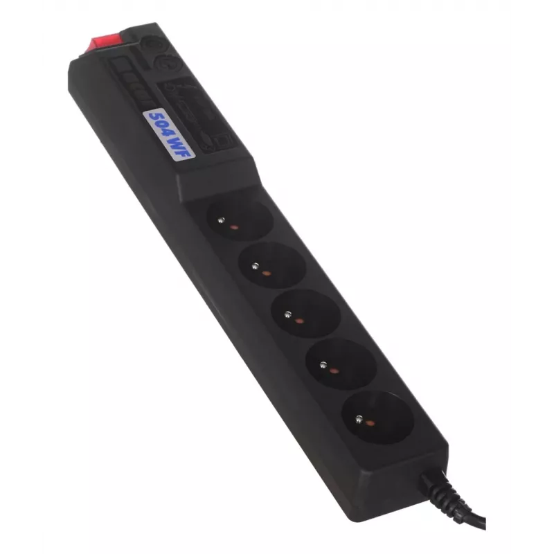 ACAR 504WF Regleta de protección contra sobretensiones EMI/RFI, 5 tomas Schuko, cable de 3 m, Negro