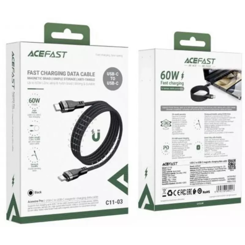 Acefast C11-03 Cable 3en1 USB-C a USB-C 100W 480Mbps 1,2m Negro