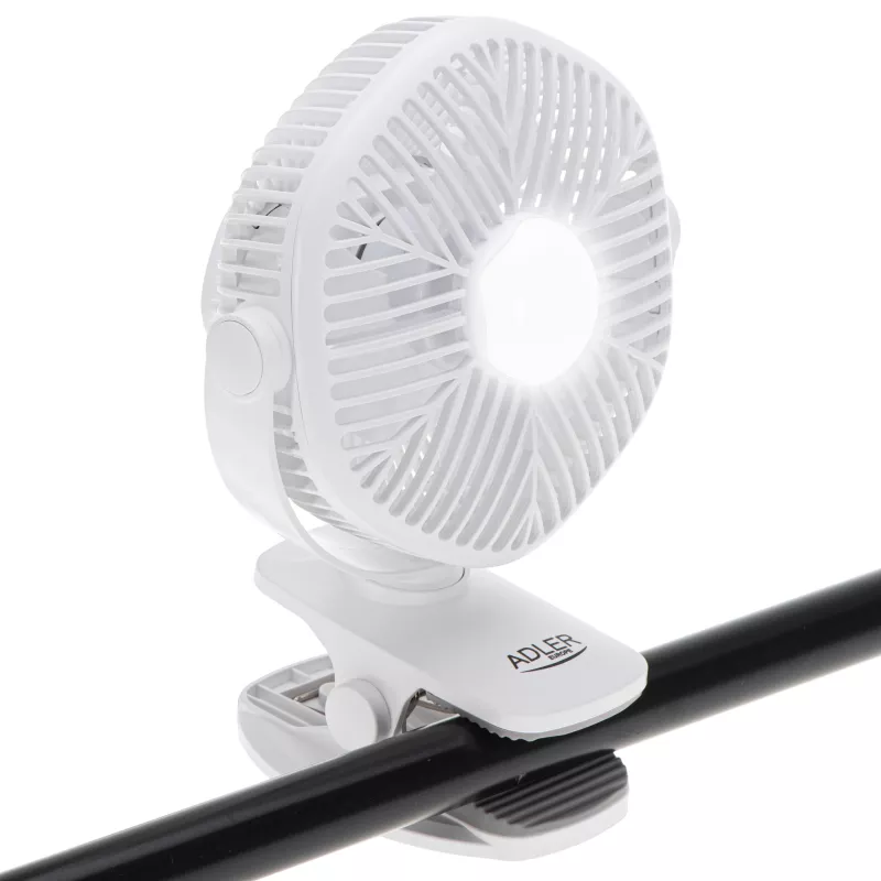 Adler AD 7335 ventilador de sobremesa recargable con pinza, 6W, 12,7 cm, 3 velocidades, oscilación, blanco