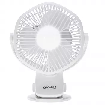 Adler AD 7335 ventilador de sobremesa recargable con pinza, 6W, 12,7 cm, 3 velocidades, oscilación, blanco