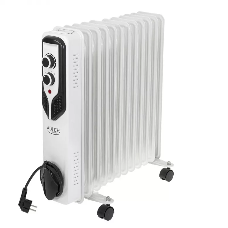 Radiador de aceite Adler AD 7817, 11 aletas, 2500W, 3 niveles de calor, termostato regulable, protección contra sobrecalentamiento y vuelco, ruedas y asa, negro