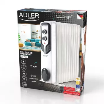 Radiador de aceite Adler AD 7817, 11 aletas, 2500W, 3 niveles de calor, termostato regulable, protección contra sobrecalentamiento y vuelco, ruedas y asa, negro