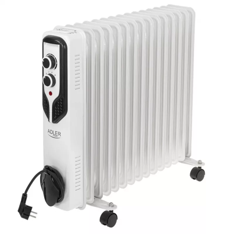 Adler AD 7819 Radiador de aceite, 2000W, 9 elementos, 3 niveles de calor, termostato ajustable, protección contra sobrecalentamiento, ruedas integradas, Blanco/Gris