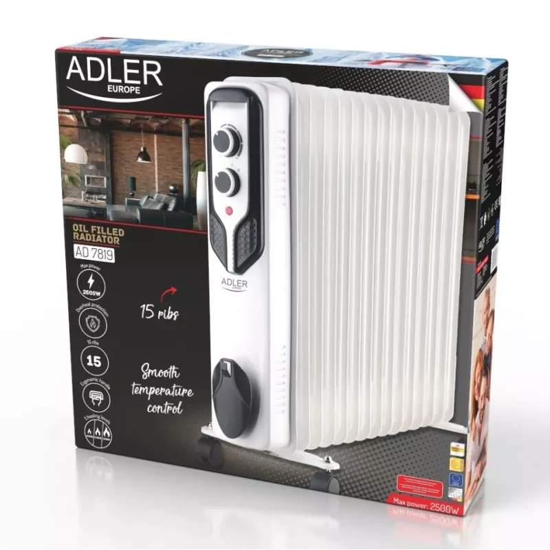 Adler AD 7819 Radiador de aceite, 2000W, 9 elementos, 3 niveles de calor, termostato ajustable, protección contra sobrecalentamiento, ruedas integradas, Blanco/Gris