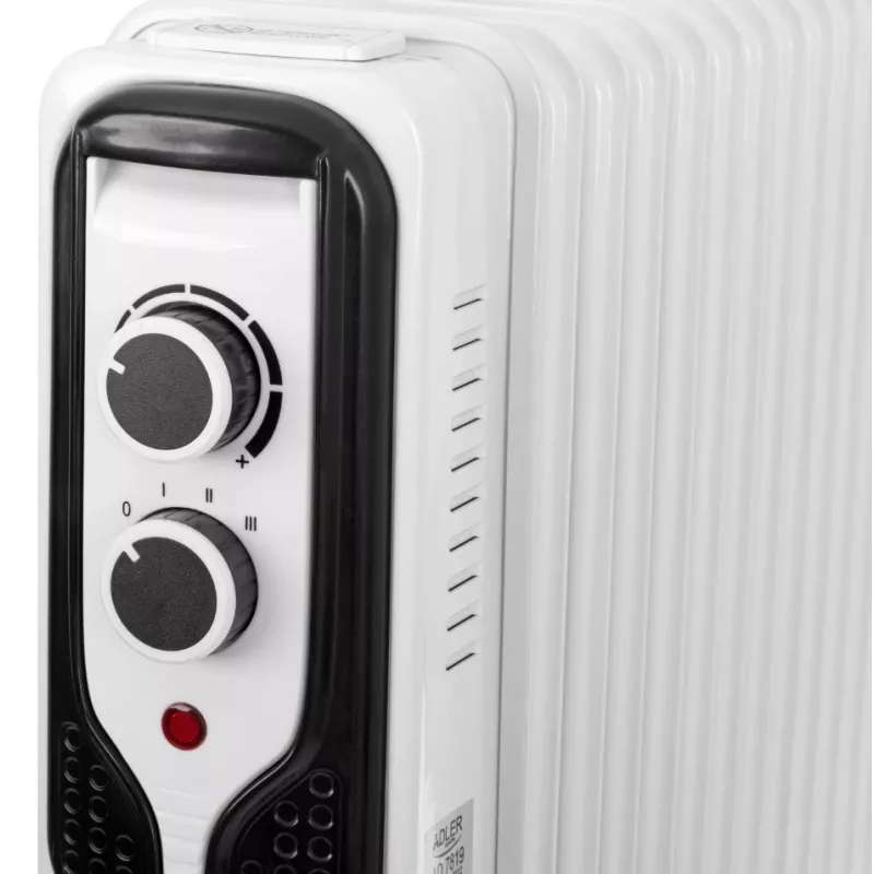 Adler AD 7819 Radiador de aceite, 2000W, 9 elementos, 3 niveles de calor, termostato ajustable, protección contra sobrecalentamiento, ruedas integradas, Blanco/Gris