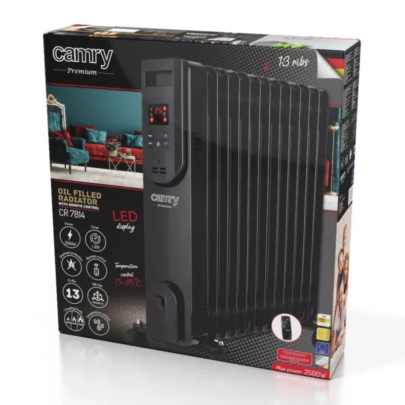 Camry CR 7814 radiador de aceite con mando a distancia, 2500 W, 13 elementos, negro