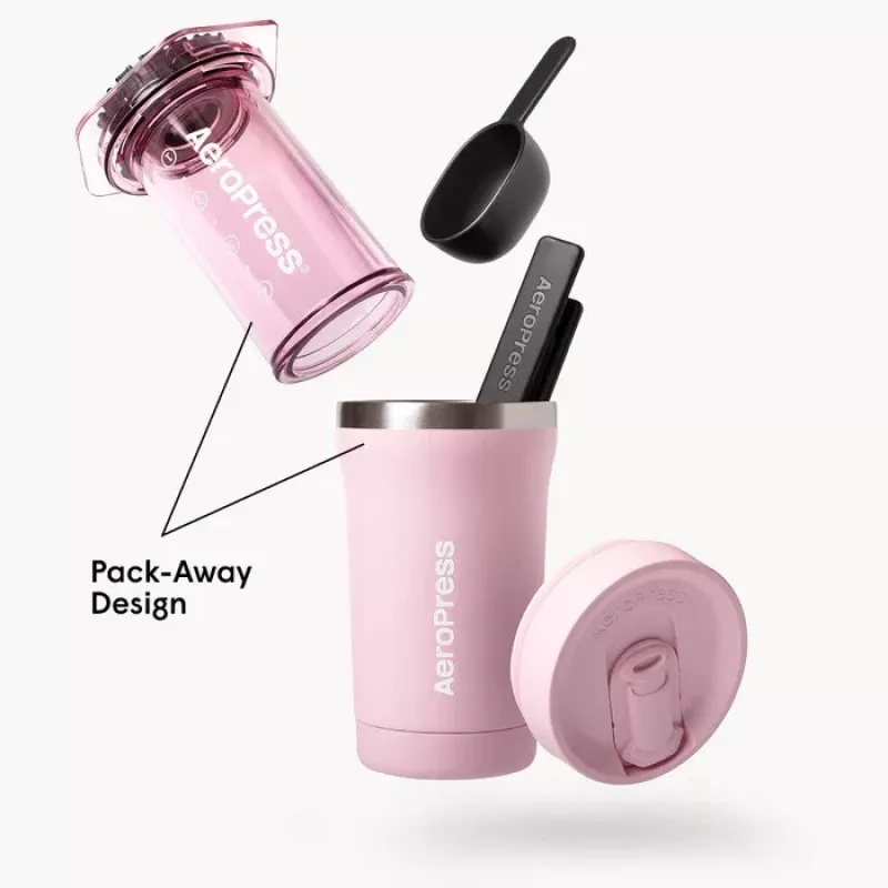 Cafetera AeroPress Go Plus con vaso térmico rosa 475 ml