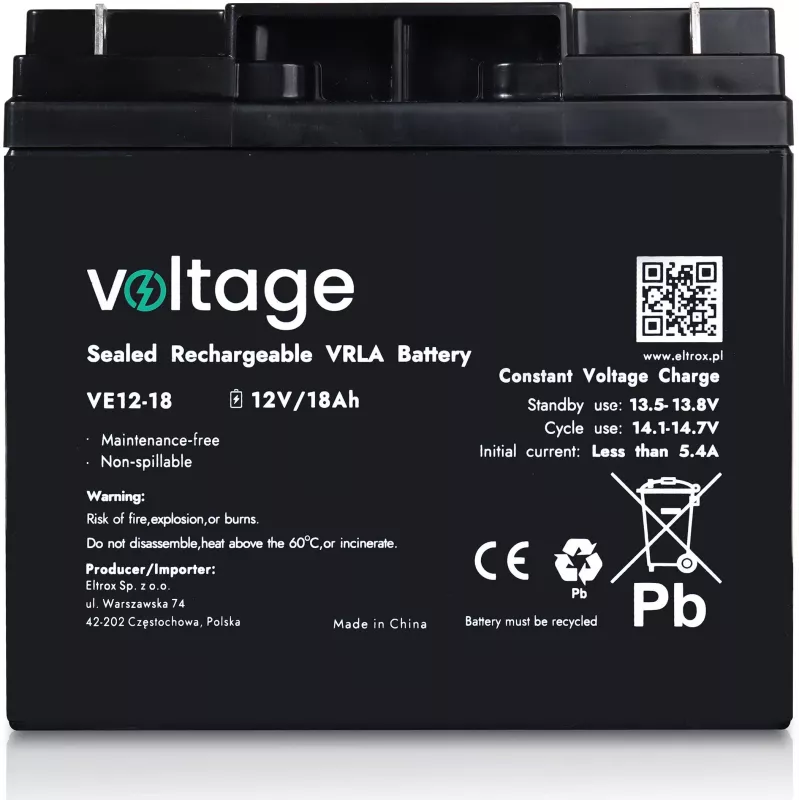 Batería AGM Voltage 12V 18Ah VE12-18 (vida útil 6-9 años)