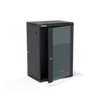 ALANTEC Armario de pared de 19 pulgadas 18U 600x450mm, dos piezas, puerta de cristal individual, negro