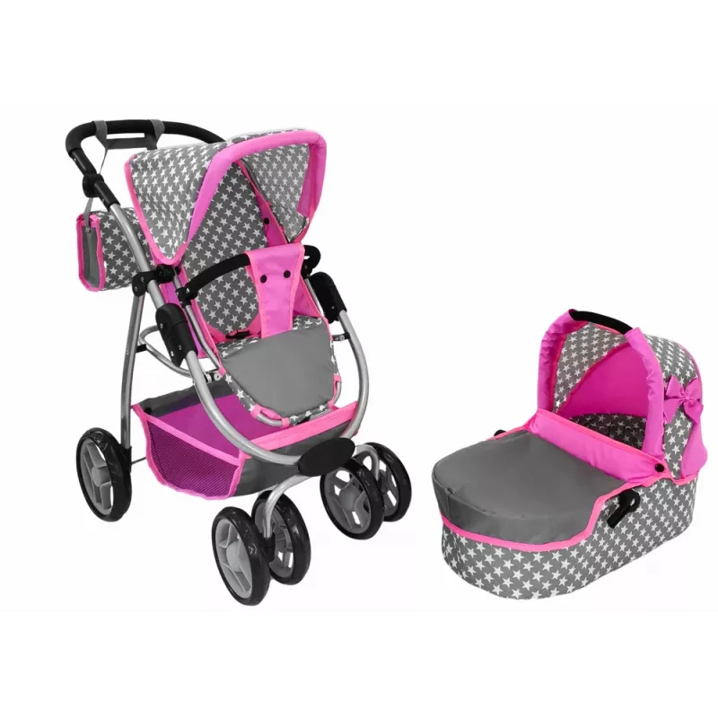 ALICE Carrito para muñecas 2 en 1 con capazo Rosa Estrellas