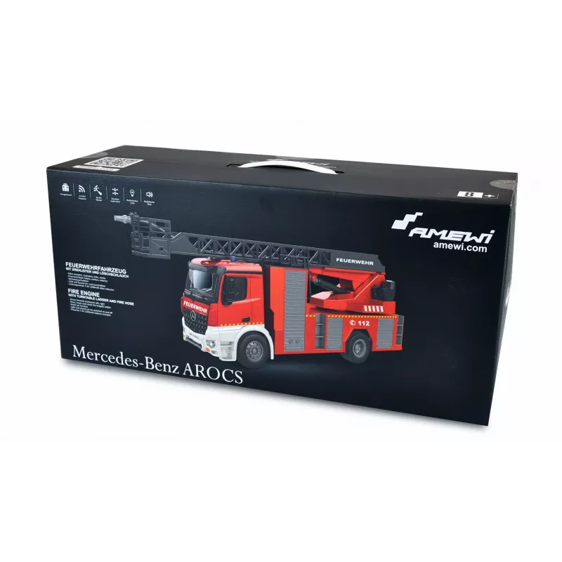 Amewi Mercedes-Benz camión de bomberos con escala giratoria 1:18 RTR 2,4GHz con chorro de agua