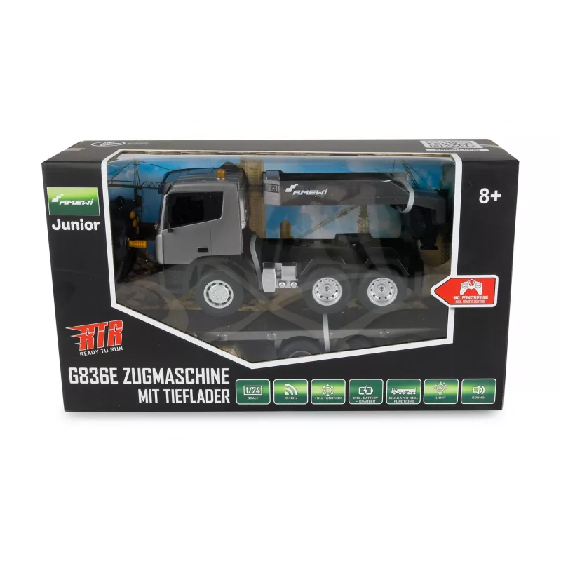 AMEWI tractor de obra RC con remolque de cama baja 1:24 RTR