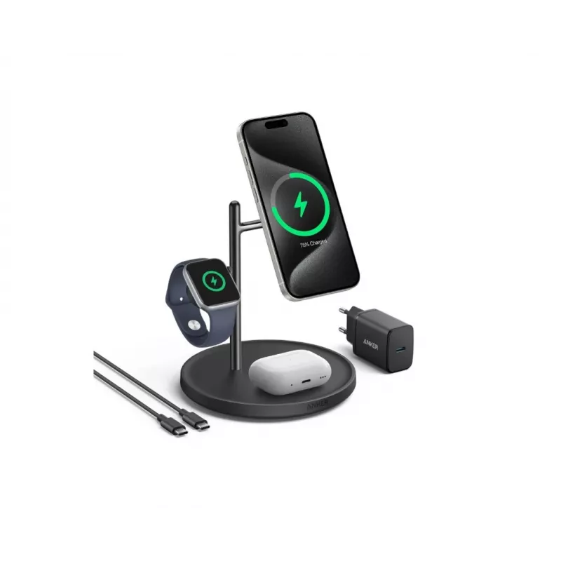 Anker MagGo B25M3312 estación de carga Qi2 3 en 1, 15 W para smartphone, negra