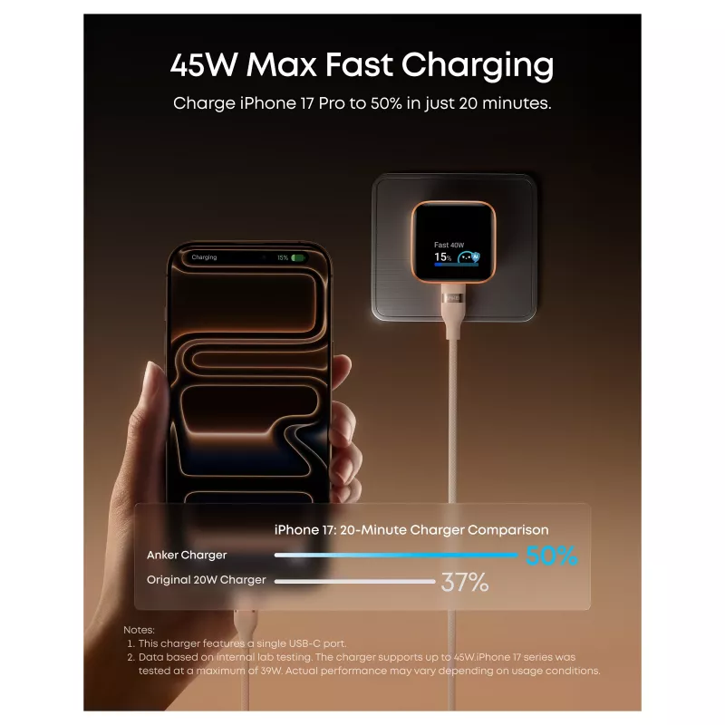 Anker Nano Charger 45W GaN USB-C Charger con ActiveShield 5.0, sensor táctil, SmartDisplay, detección de iPhone, naranja