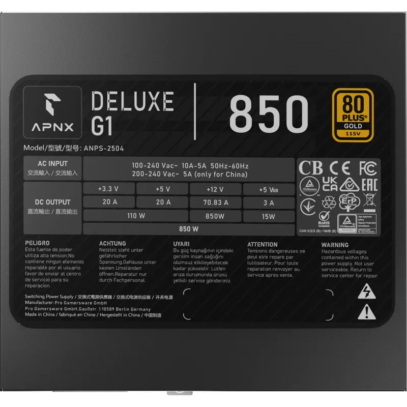 APNX DELUXE G1 850 Fuente de alimentación ATX 850W 80 PLUS Gold totalmente modular negra