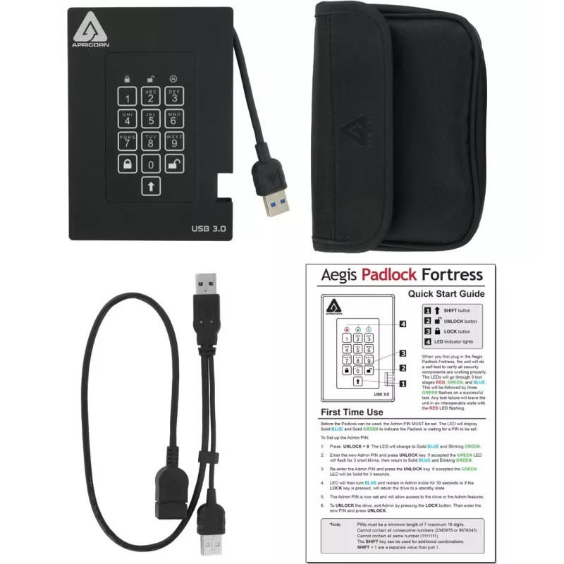 Disco duro externo Apricorn Aegis Padlock Fortress A25-3PL256-500F - 500GB - USB 3.2 Gen 1 - cifrado por hardware AES 256-bit - negro