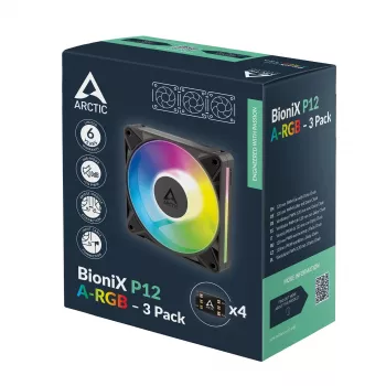 Arctic BioniX P12 A-RGB ventilador de caja 120mm PWM (pack de 3) – RGB direccionable, 450-3000 rpm, 129 m³/h, negro