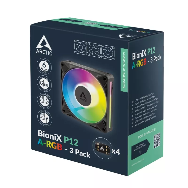 Arctic BioniX P12 A-RGB ventilador de caja 120mm PWM (pack de 3) – RGB direccionable, 450-3000 rpm, 129 m³/h, negro