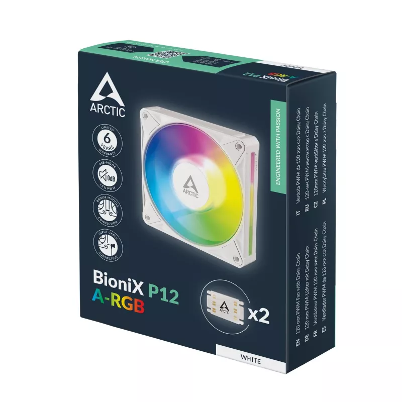 Ventilador de caja Arctic BioniX P12 A-RGB White 120mm PWM, 450-3000 rpm, RGB direccionable, Daisy Chain