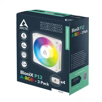 Arctic BioniX P12 A-RGB White pack de 3 – ventilador de caja PWM de 120mm con RGB direccionable y Daisy Chain, 450-3000 rpm