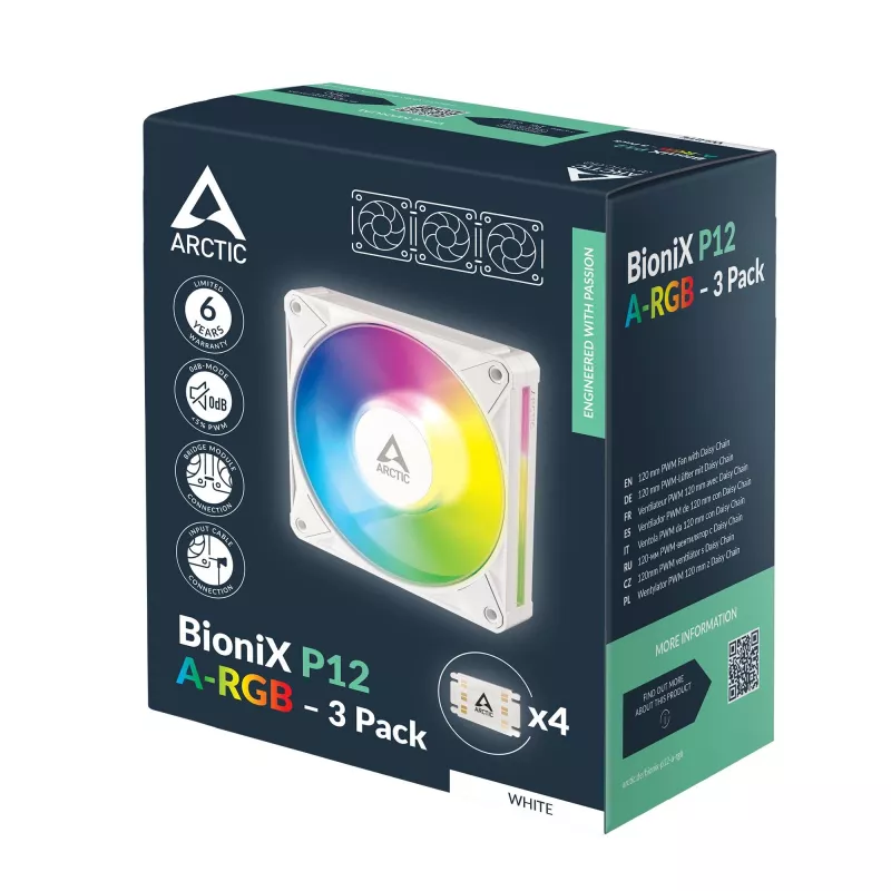 Arctic BioniX P12 A-RGB White pack de 3 – ventilador de caja PWM de 120mm con RGB direccionable y Daisy Chain, 450-3000 rpm