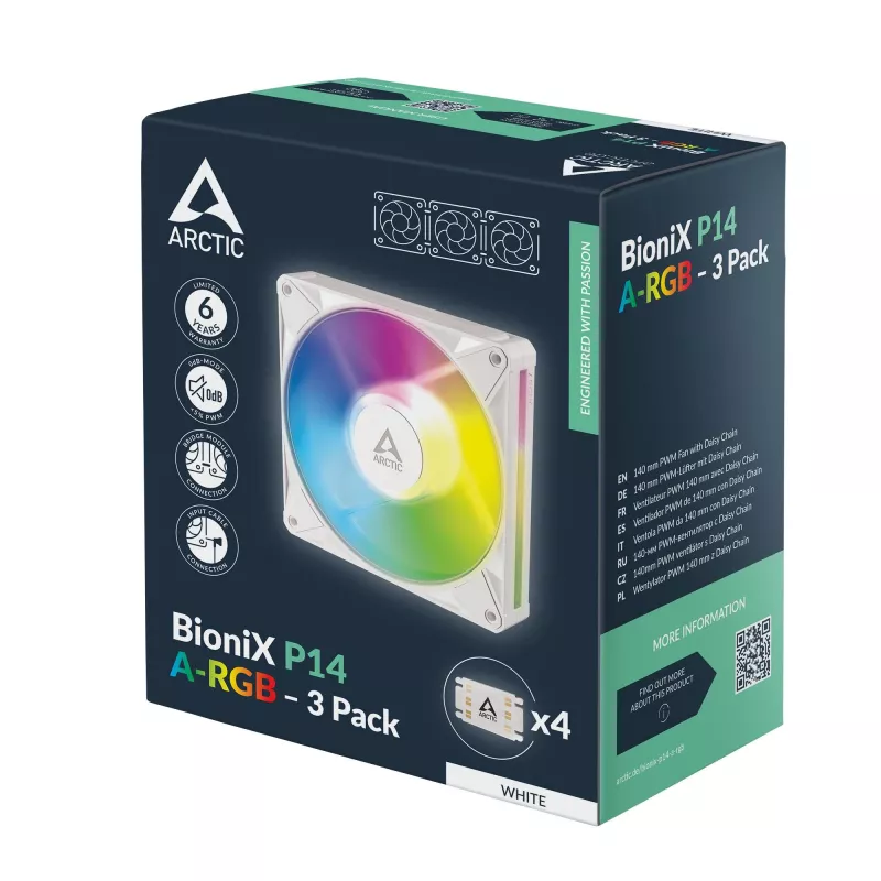 Arctic BioniX P14 A-RGB (blanco) pack de 3 | Ventilador de caja de 140 mm PWM con iluminación A-RGB, 400-2500 rpm