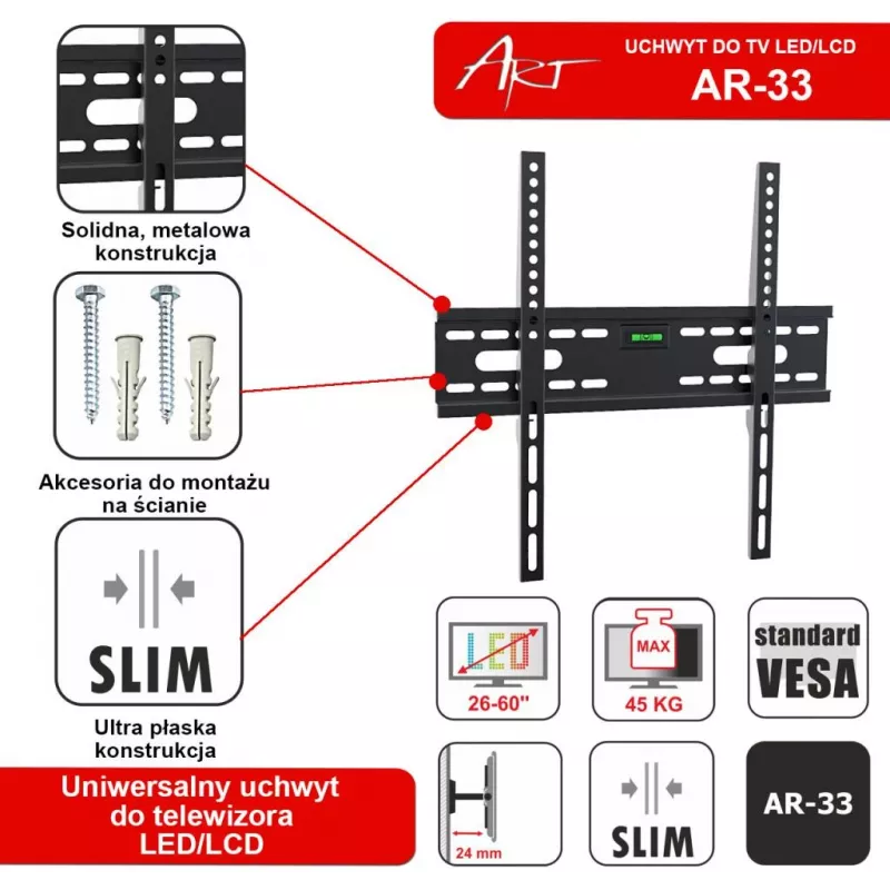 Soporte de pared fijo ART AR-33 para televisores LCD/LED de 26-60