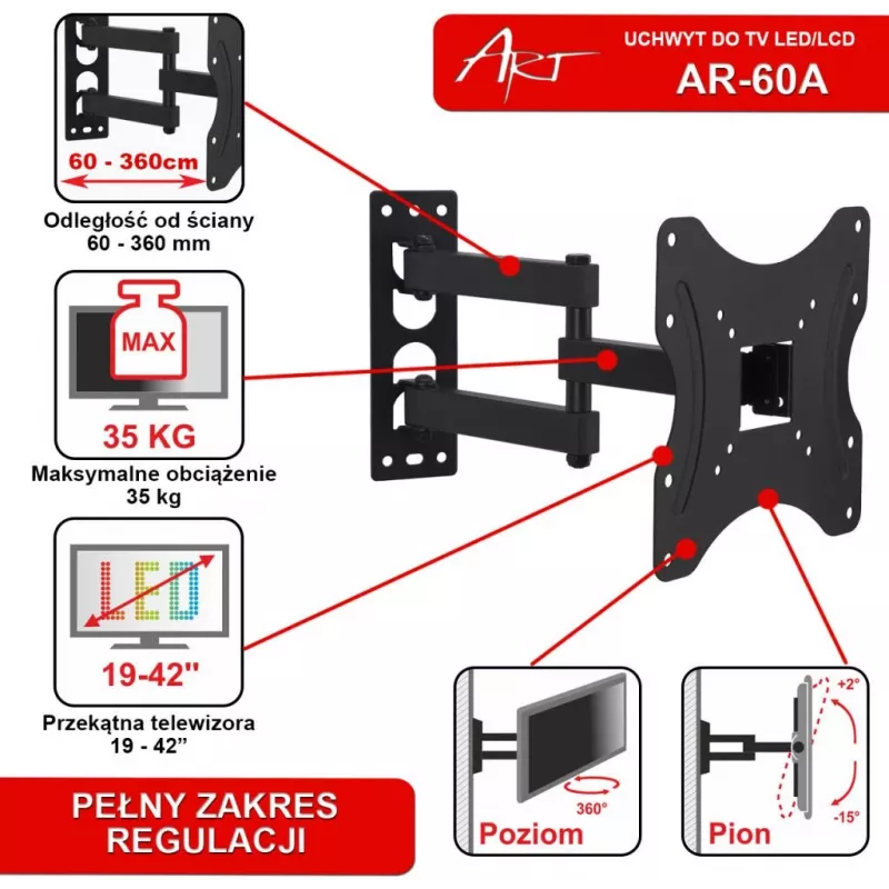 ART AR-60A Soporte de pared para TV Full Motion para pantallas LED/LCD de 19-42