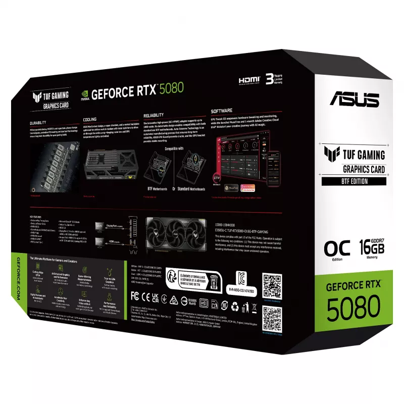 ASUS TUF GeForce RTX 5080 OC 16GB GDDR7 BTF Tarjeta gráfica gaming