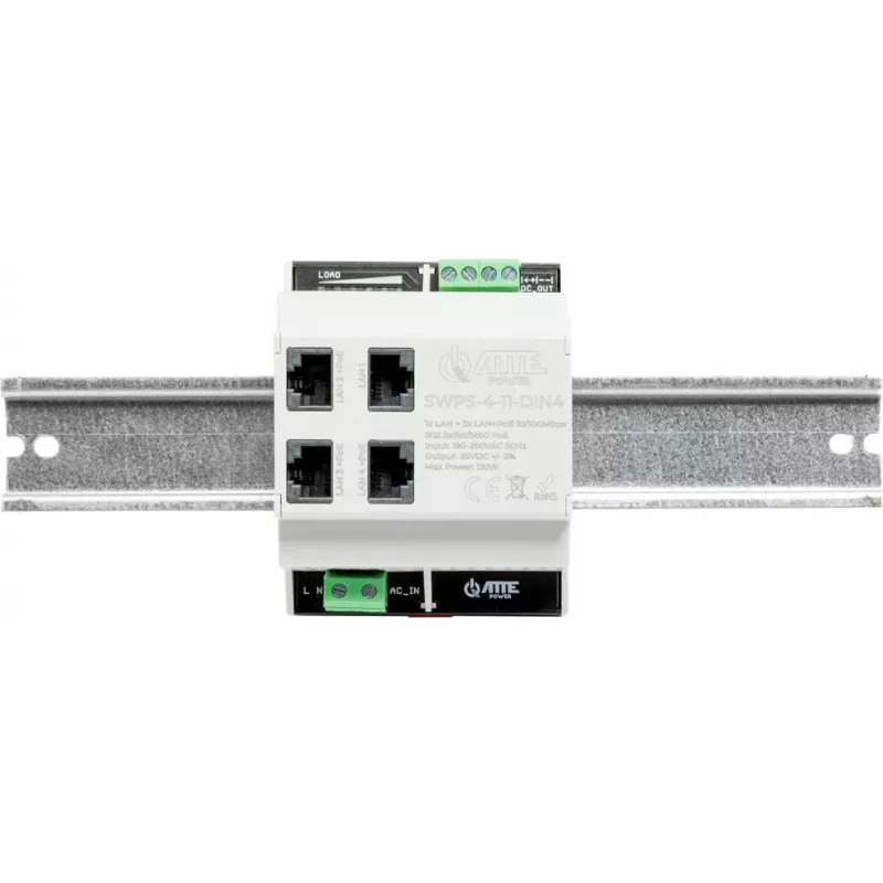 ATTE SWPS-4-11-DIN4 Switch industrial PoE+ de 4 puertos con fuente de alimentación integrada, montaje en carril DIN, presupuesto 60W
