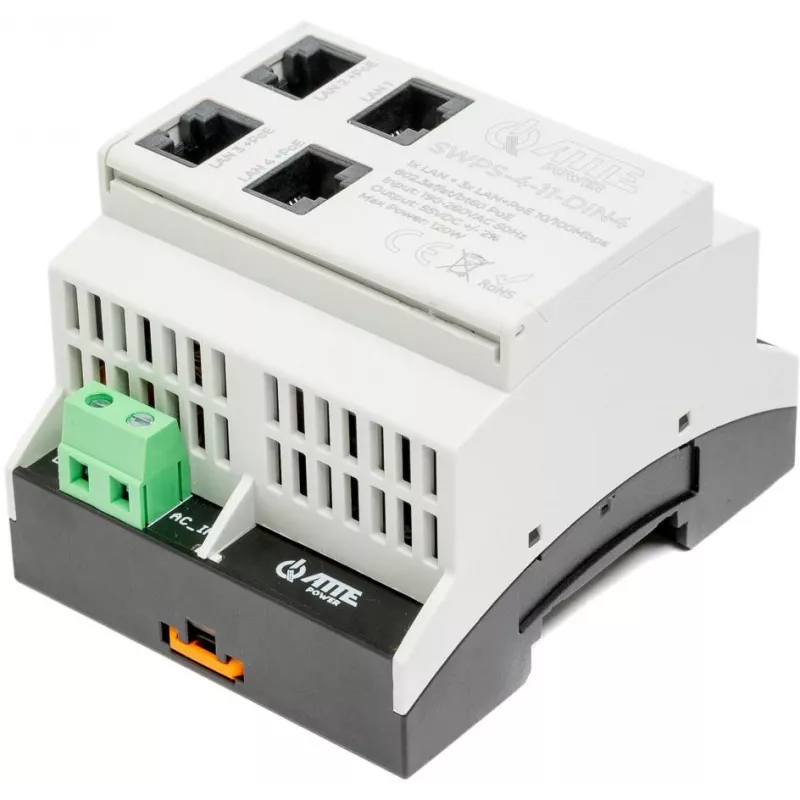 ATTE SWPS-4-11-DIN4 Switch industrial PoE+ de 4 puertos con fuente de alimentación integrada, montaje en carril DIN, presupuesto 60W