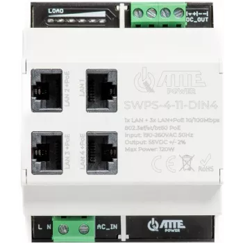 ATTE SWPS-4-11-DIN4 Switch industrial PoE+ de 4 puertos con fuente de alimentación integrada, montaje en carril DIN, presupuesto 60W