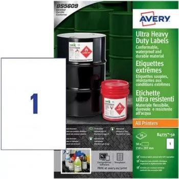 Avery Zweckform B4775-50 Etiquetas de film de polietileno blancas A4, adhesivo permanente, láser/fotocopiadora, 50 etiquetas, 210 x 297 mm