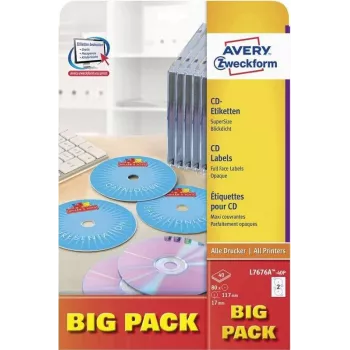 Avery Zweckform L7676A-40P etiquetas para CD/DVD, Ø 117 mm, blanco, 40 hojas / 80 etiquetas, A4, inyección de tinta y láser