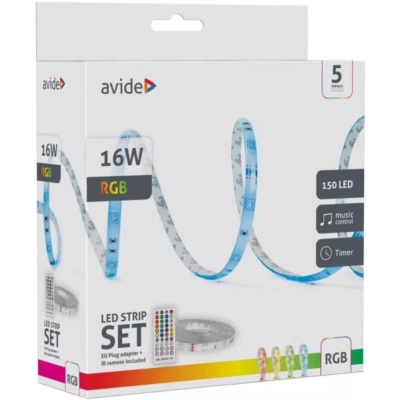 Avide Tira LED blíster 12V 16W RGB 5m con mando a distancia IR