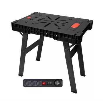 AWTOOLS banco de trabajo plegable con regleta de enchufes, montaje rápido, 1000x600x750 mm, capacidad de carga 150 kg, estructura negra, tablero de madera natural