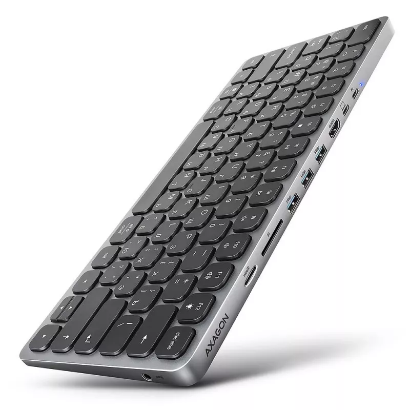 Teclado AXAGON HMC-KB-CRL USB-C con hub 9 en 1, HDMI 4K, PD 100W, Gigabit Ethernet, lector de tarjetas, negro