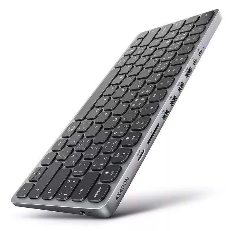AXAGON HMC-KB-US Teclado USB-C con hub 9 en 1, QWERTY US, HDMI 4K, Gigabit LAN, lector de tarjetas, 0,6 m