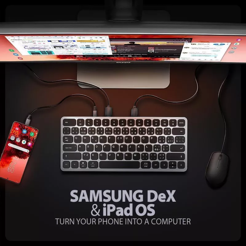 AXAGON HMC-KB-US Teclado USB-C con hub 9 en 1, QWERTY US, HDMI 4K, Gigabit LAN, lector de tarjetas, 0,6 m