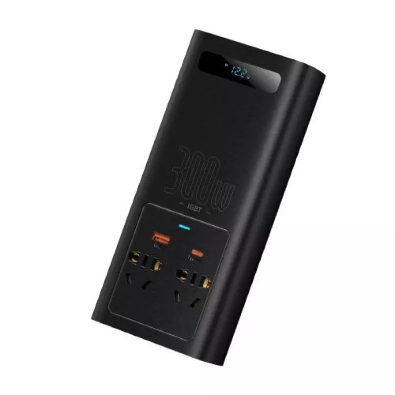 Inversor de corriente para coche Baseus IGBT 300W/220V con dos tomas de corriente EU, USB-C PD, USB-A QC, bornes de batería y cable de mechero, negro (CGNB010101)