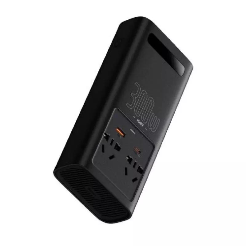 Inversor de corriente para coche Baseus IGBT 300W/220V con dos tomas de corriente EU, USB-C PD, USB-A QC, bornes de batería y cable de mechero, negro (CGNB010101)