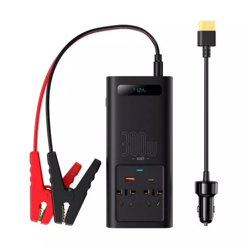 Inversor de corriente para coche Baseus IGBT 300W/220V con dos tomas de corriente EU, USB-C PD, USB-A QC, bornes de batería y cable de mechero, negro (CGNB010101)