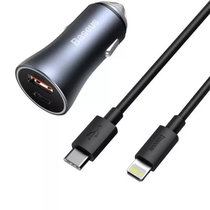 Baseus Golden Contactor Pro Cargador de coche dual Quick 40W USB-C + USB-A PD 3.0 QC 4+ SCP FCP AFC con cable Type-C a Lightning 1m Negro Gris oscuro