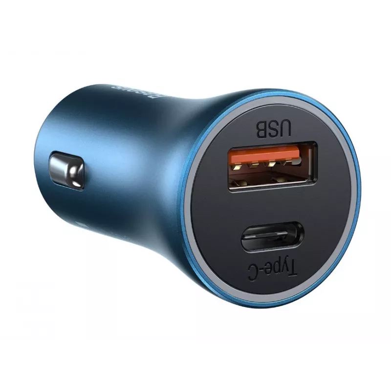 Cargador de coche rápido dual Baseus Golden Contactor Pro 40W con cable USB-C a Lightning 1m azul