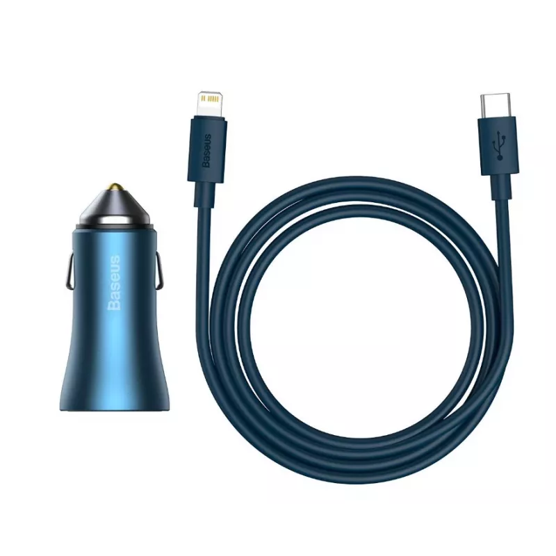 Cargador de coche rápido dual Baseus Golden Contactor Pro 40W con cable USB-C a Lightning 1m azul