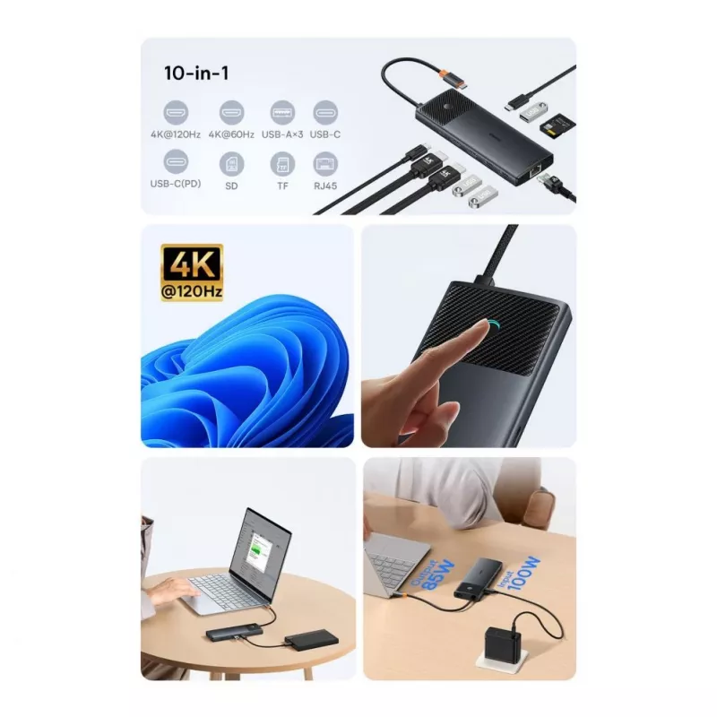 Baseus Metal Gleam Series Hub USB-C 10 en 1 USB-C a USB-C PD / USB-C / 3x USB-A / 2x HDMI / RJ-45 / SD / TF - negro