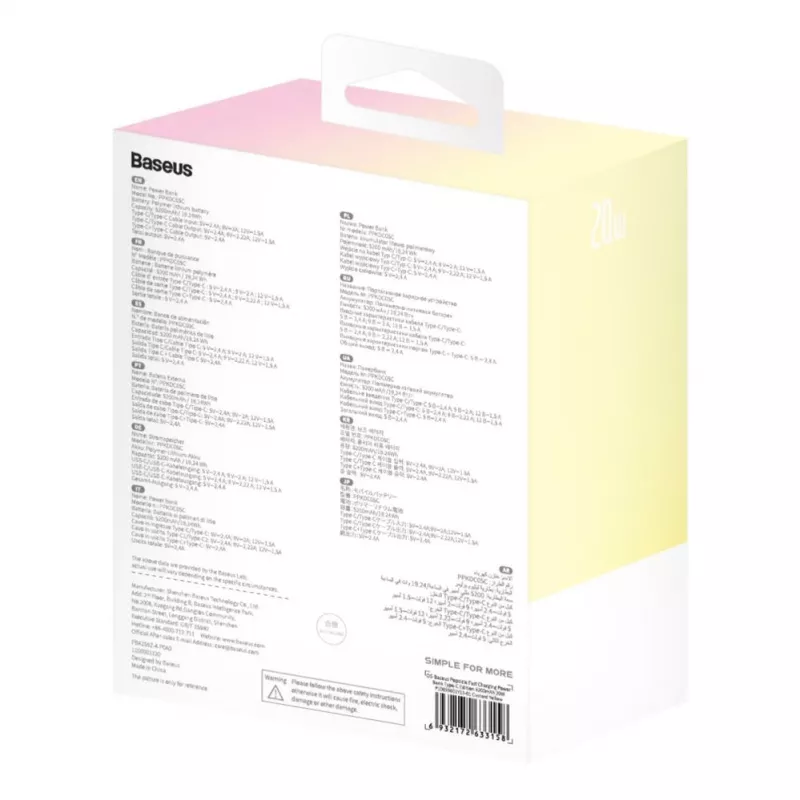 Baseus Popsicle 5200mAh 20W power bank con cable Lightning integrado y cable Baseus Simple USB-C a USB-C 60W 30cm blanco - Amarillo-Rosa
