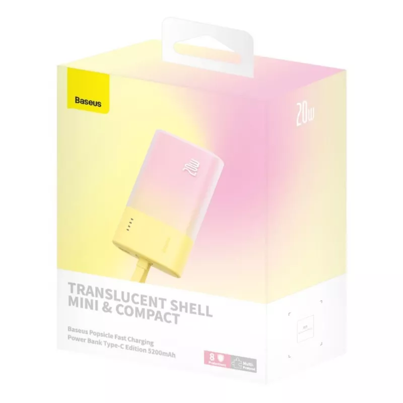 Baseus Popsicle 5200mAh 20W power bank con cable Lightning integrado y cable Baseus Simple USB-C a USB-C 60W 30cm blanco - Amarillo-Rosa