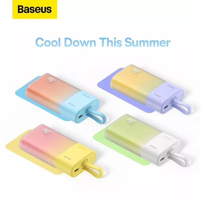 Baseus Popsicle 5200mAh 20W power bank con cable Lightning integrado y cable Baseus Simple USB-C a USB-C 60W 30cm blanco - Amarillo-Rosa