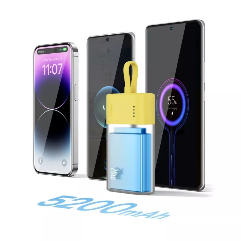 Baseus Popsicle 5200mAh 20W power bank con cable Lightning integrado y cable Baseus Simple USB-C a USB-C 60W 30cm blanco - Amarillo-Rosa